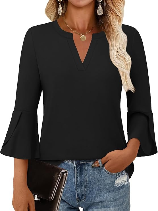 Women's Blouses Ruffle 3/4 Sleeve Dressy Top V Neck Casual Tunic Blouses Business Shirts S-XXL | Amazon (US)
