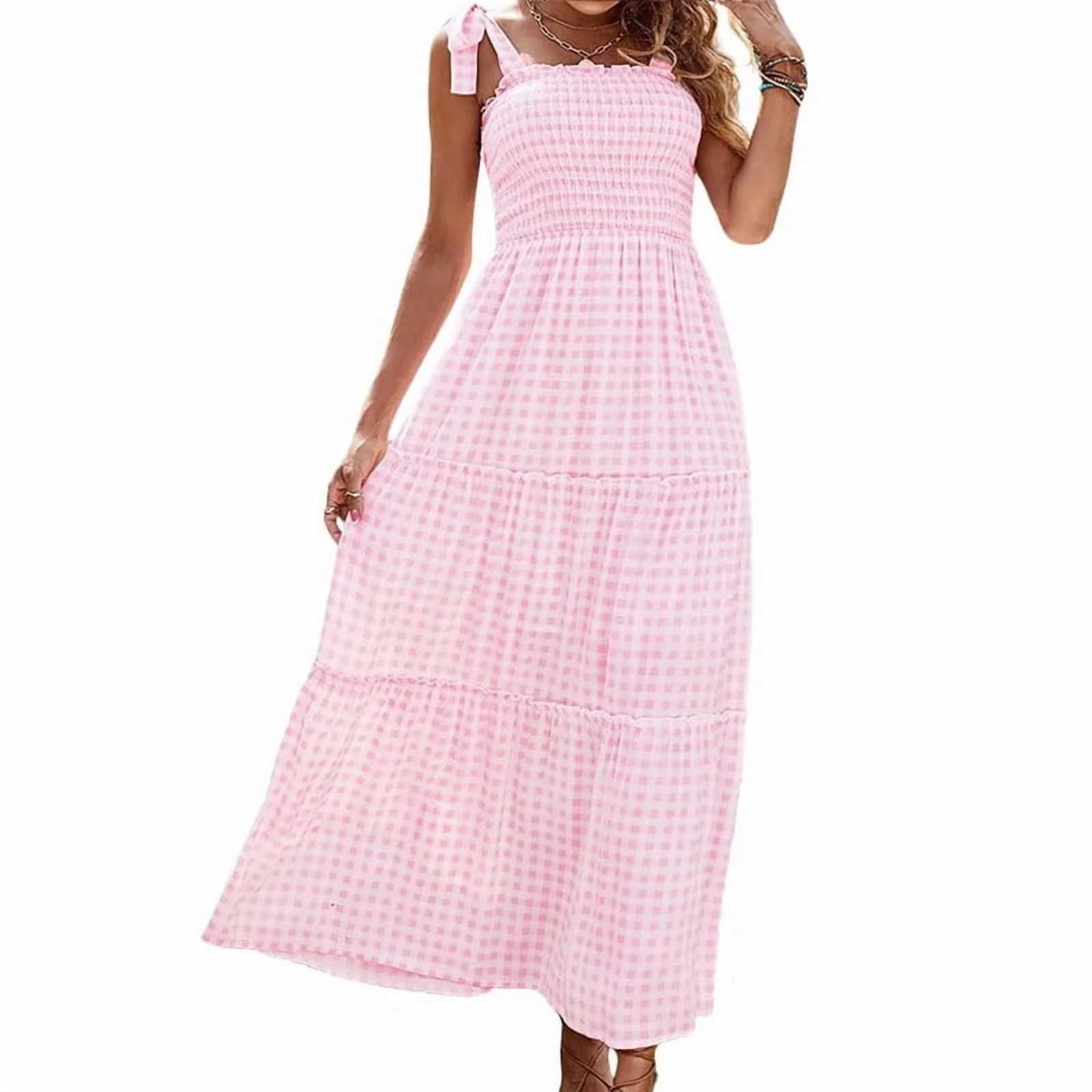 utcoco 2026 Women's Summer Plaid Smocked Dress A Line Tiered Long Dress | Walmart (US)