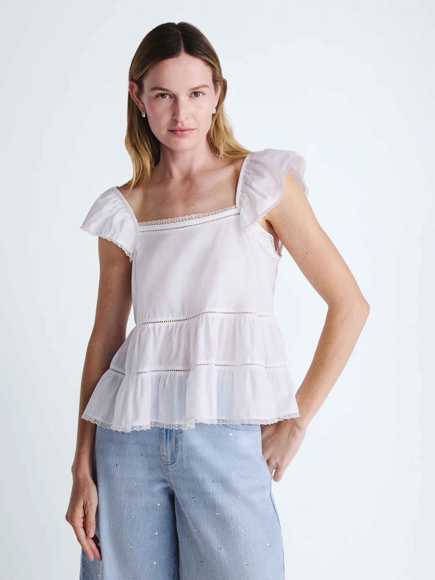 Scoop Women’s Flowy Lace Cotton Top, Sizes XS-XXL | Walmart (US)