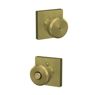 Bowery Satin Brass Privacy Bed/Bath Door Knob with Collins Trim | The Home Depot