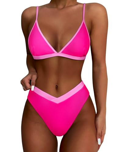 SUUKSESS Women Triangle High Cut Bikini Sets Sexy High Waisted Color Block Two Piece Swimsuits Push Up Bathing Suits(Pink Color Block,XL) | Amazon (US)