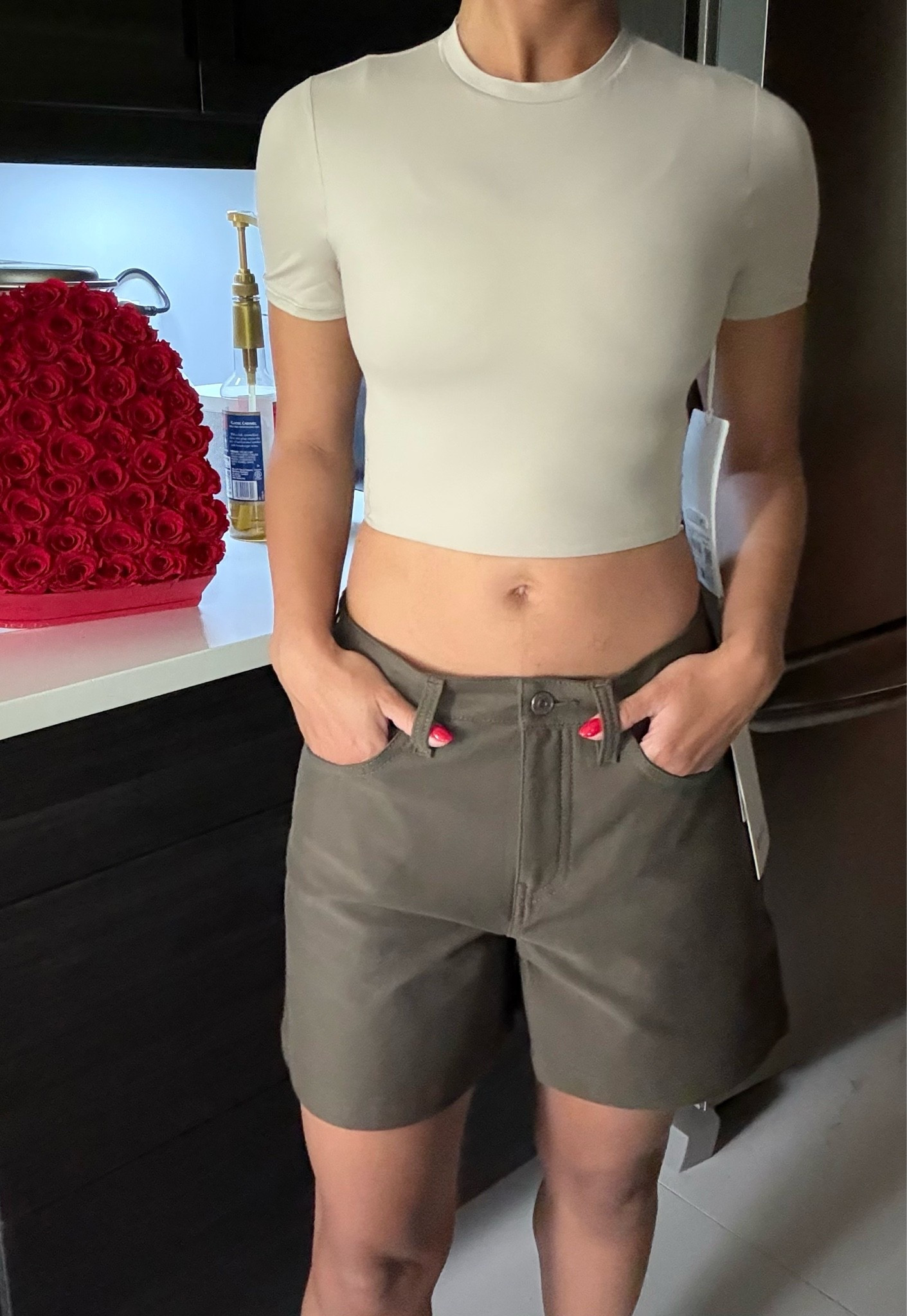 the easy five mid rise 4.5” short from @lululemon in olive 🫒 brown ! 

wundermost cropped tshirt, downtown tan, tkees Julia, kitten heel, summer outfits.

#LTKootd #LTKSeasonal #LTKPetite