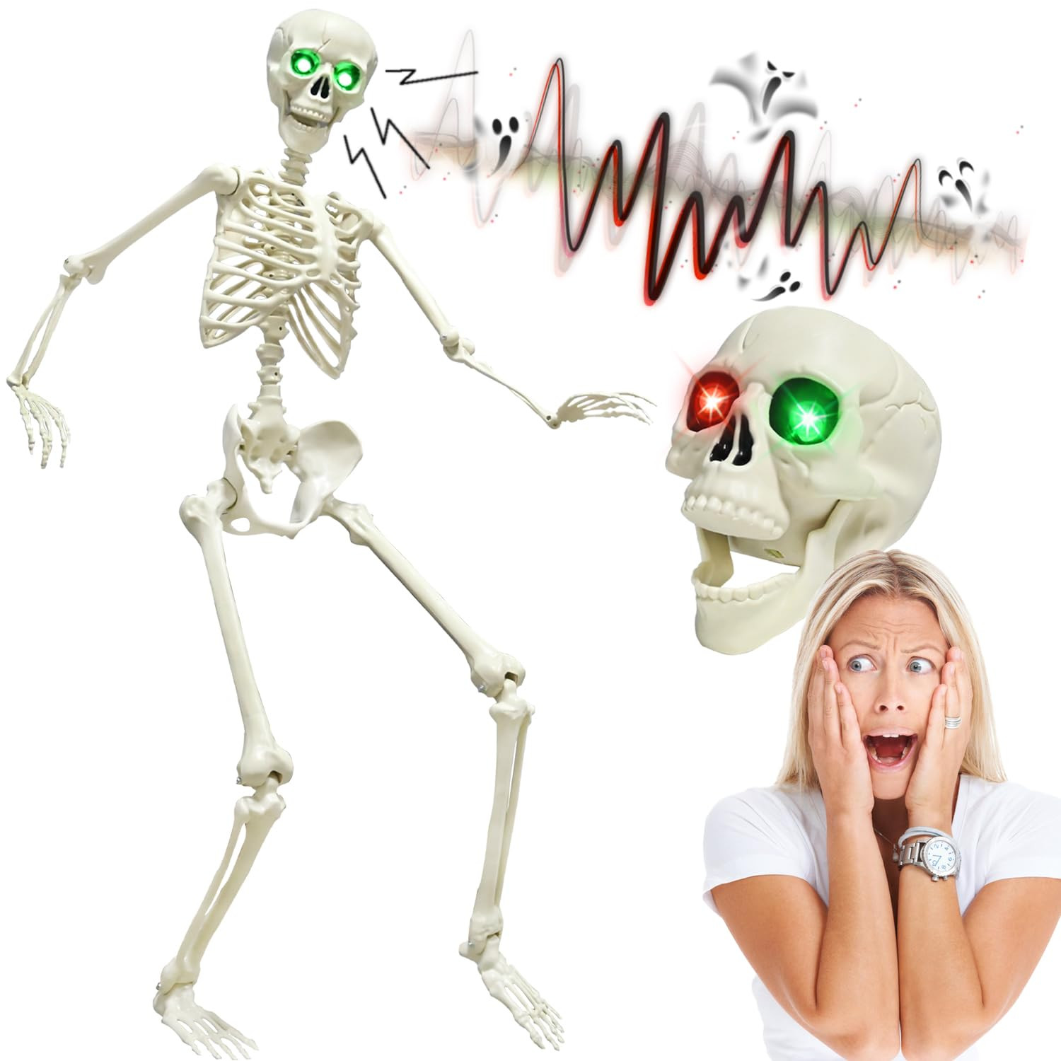 CAMIRUS 5.4FT Full Size Halloween Skeleton, Life Size Posable Skeleton with Glowing Eyes Scary So... | Amazon (US)