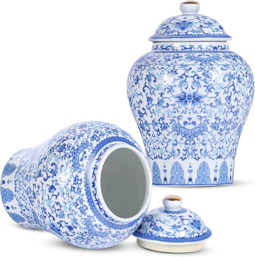 Chinoiserie Ginger Jar 2pcs Set - Chinese Blue and White Porcelain Home Decorative Storage Jar wi... | Amazon (US)