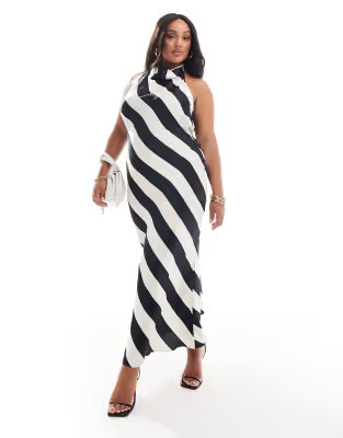 ASOS DESIGN Curve high neck cowl midi dress in bold mono stripe | ASOS (Global)