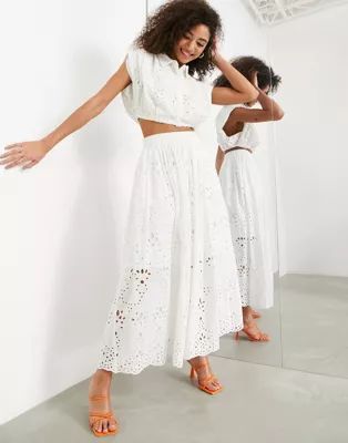 ASOS EDITION pleat waist eyelet midi skirt in white | ASOS | ASOS (Global)