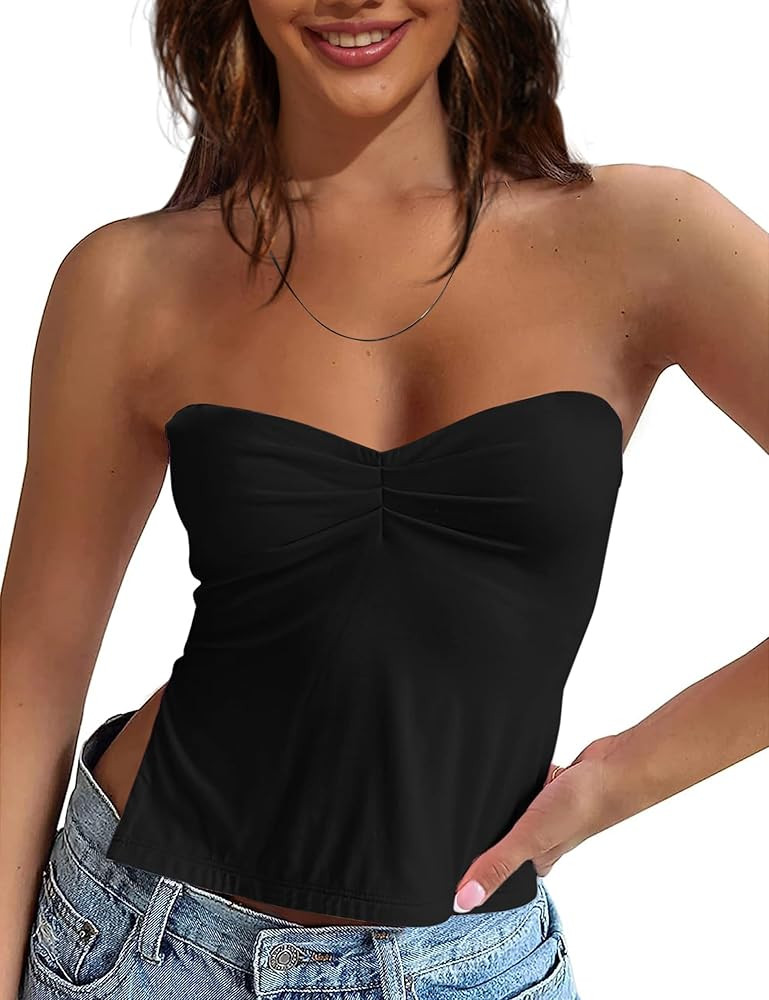 Women Strapless Side Split Sweetheart Neck Crop Bandeau Ruched Backless Sexy Skinny Going Out Cro... | Amazon (US)