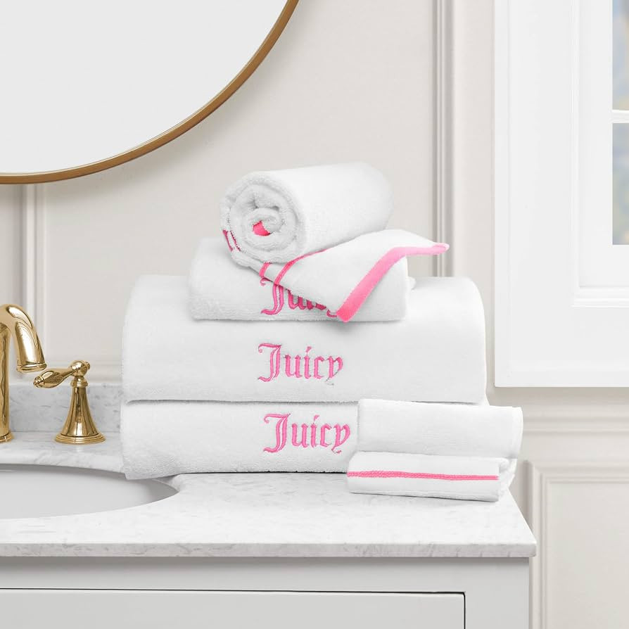 Juicy Couture White/Hot Pink Neon Border Bath Towels 6-Piece 100% Cotton Bath Towel Set | Amazon (CA)
