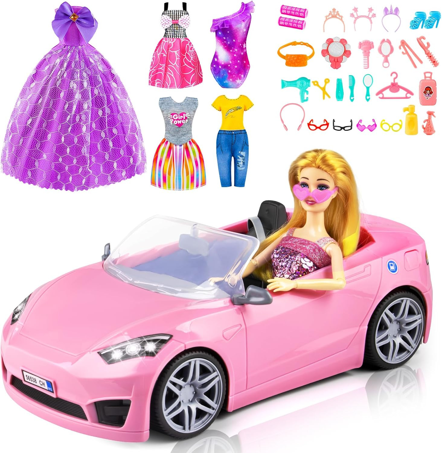 76 Pcs Doll & Convertible Car Playset,Included 11.5 In Doll,Doll Car,Princess Dresses,Fashion Dre... | Amazon (US)