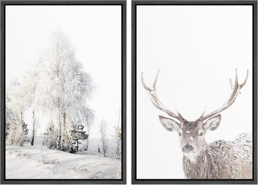 wall26 Framed Canvas Wall Art Print Set Winter Forest Tree and Mountain Deer Portrait Nature Anim... | Amazon (US)