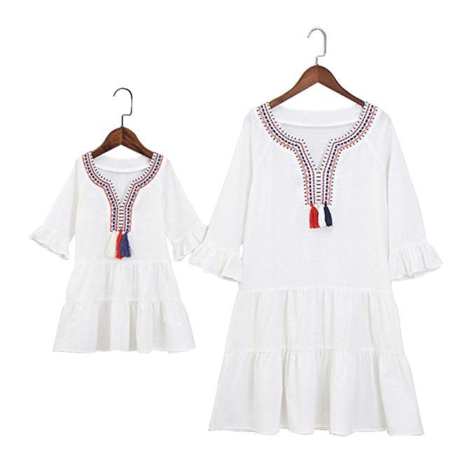 Mumetaz Mummy and Daughter Ruffle Sleeve Tassels Tiered Dress | Amazon (US)