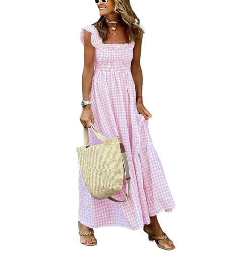 chouyatou Women's Retro Plaid Smocked Dress Spaghetti Strap Flounce Long Dress (X-Small, Pink) | Amazon (US)