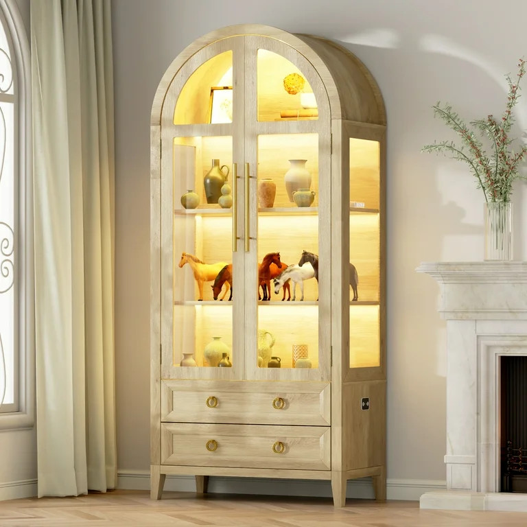 VKCC 70.8" Storage Cabinet with LED, Arched Glass Door & Drawers, Vintage Curio Display Bookcase ... | Walmart (US)