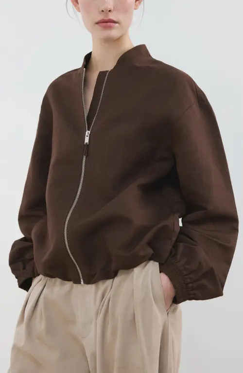 MANGO Linen & Cotton Bomber Jacket in Chocolate at Nordstrom, Size X-Large | Nordstrom