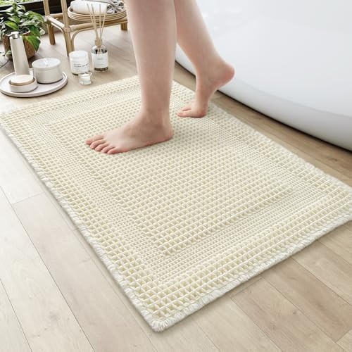 AMOAMI Waffle Bath-Mat, Absorbent Bath Mats for Bathroom Non Slip, Machine Washable Bathroom Rugs with Tassels Ultra Soft Boho Bath Rugs for Floor 17"x24" Cream | Amazon (US)