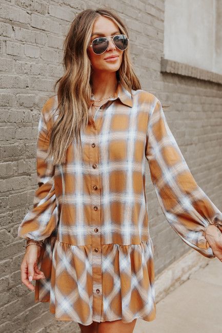 Rory Camel Plaid Ruffle Hem Shirt Dress | Magnolia Boutique