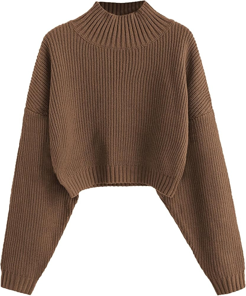 ZAFUL Women's Cropped Turtleneck Sweater Lantern Sleeve Ribbed Knit Pullover Sweater Jumper | Amazon (US)