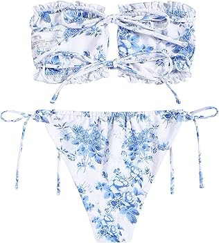 ZAFUL Women 2 Piece Strapless Bikini Swimsuits Ruffle Ribbed Self Tie Bandeau Bikini Set High Cut... | Amazon (US)