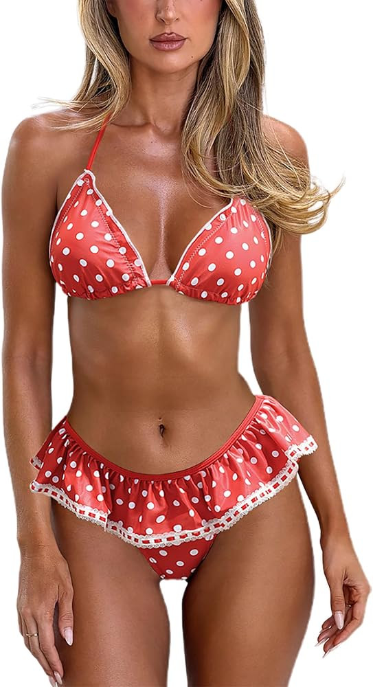 HYPERFIRE Women's Polka Dots Halter String Triangle Bikini Sets Ruffle Low Waisted 2 Piece Bathin... | Amazon (US)