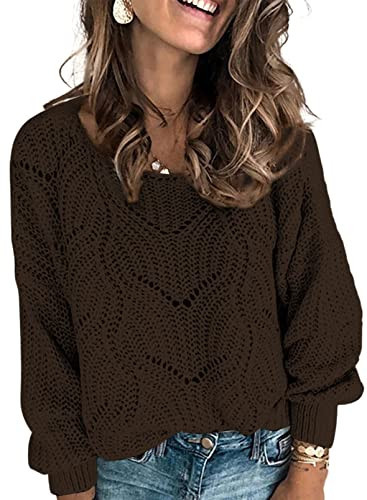 Dokotoo Womans Ladies Soft Warm Crewneck Solid Hollow Out Chunky Autumn Winter Fall Cozy Long Sleeve Cable Knit Pullovers Sweaters for Women Brown Medium | Amazon (US)