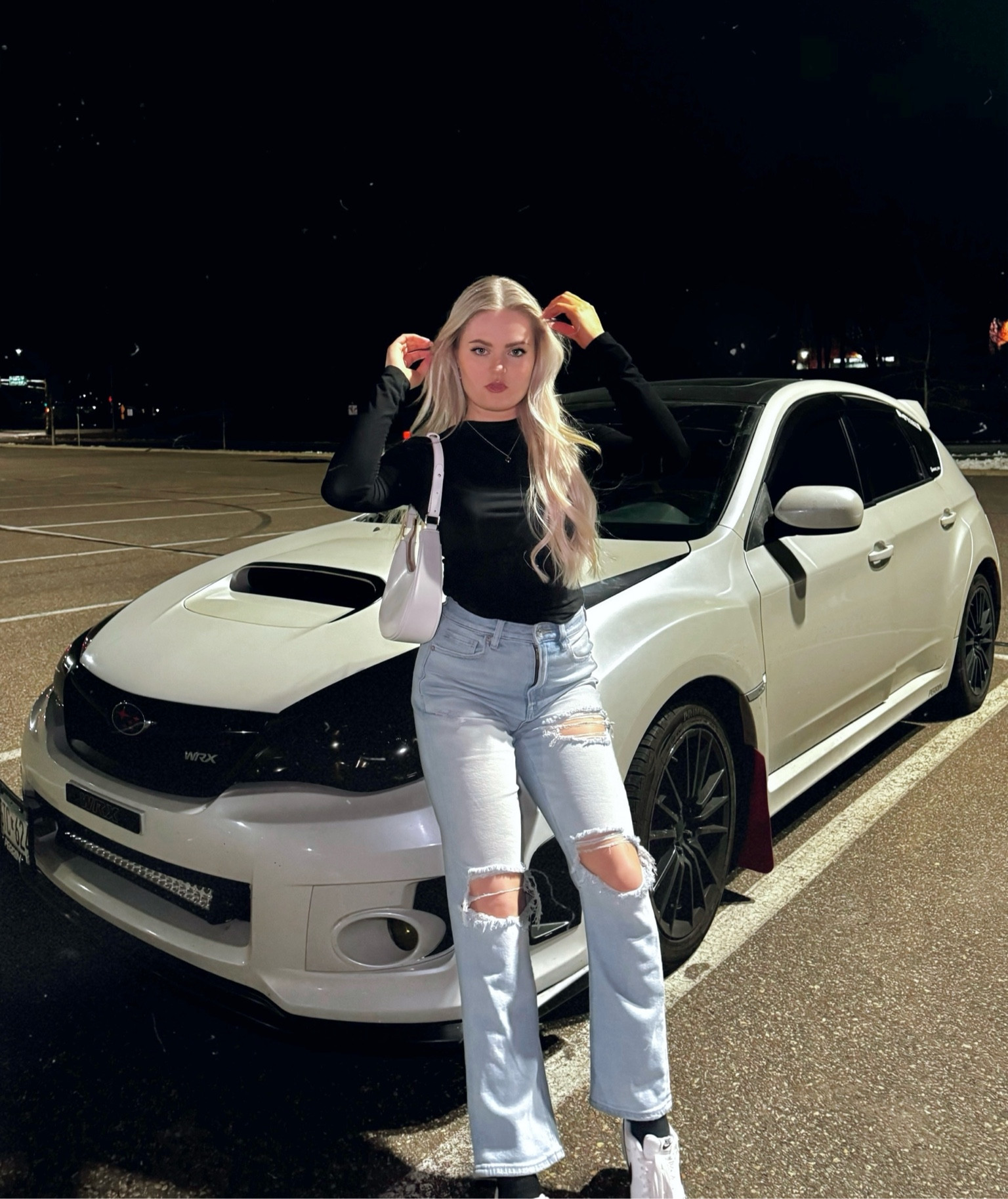 Car show season better be ready for me 🖤 #cars #jdm #subaru #wrx #nightout #ootd #blackoutfit #blonde
