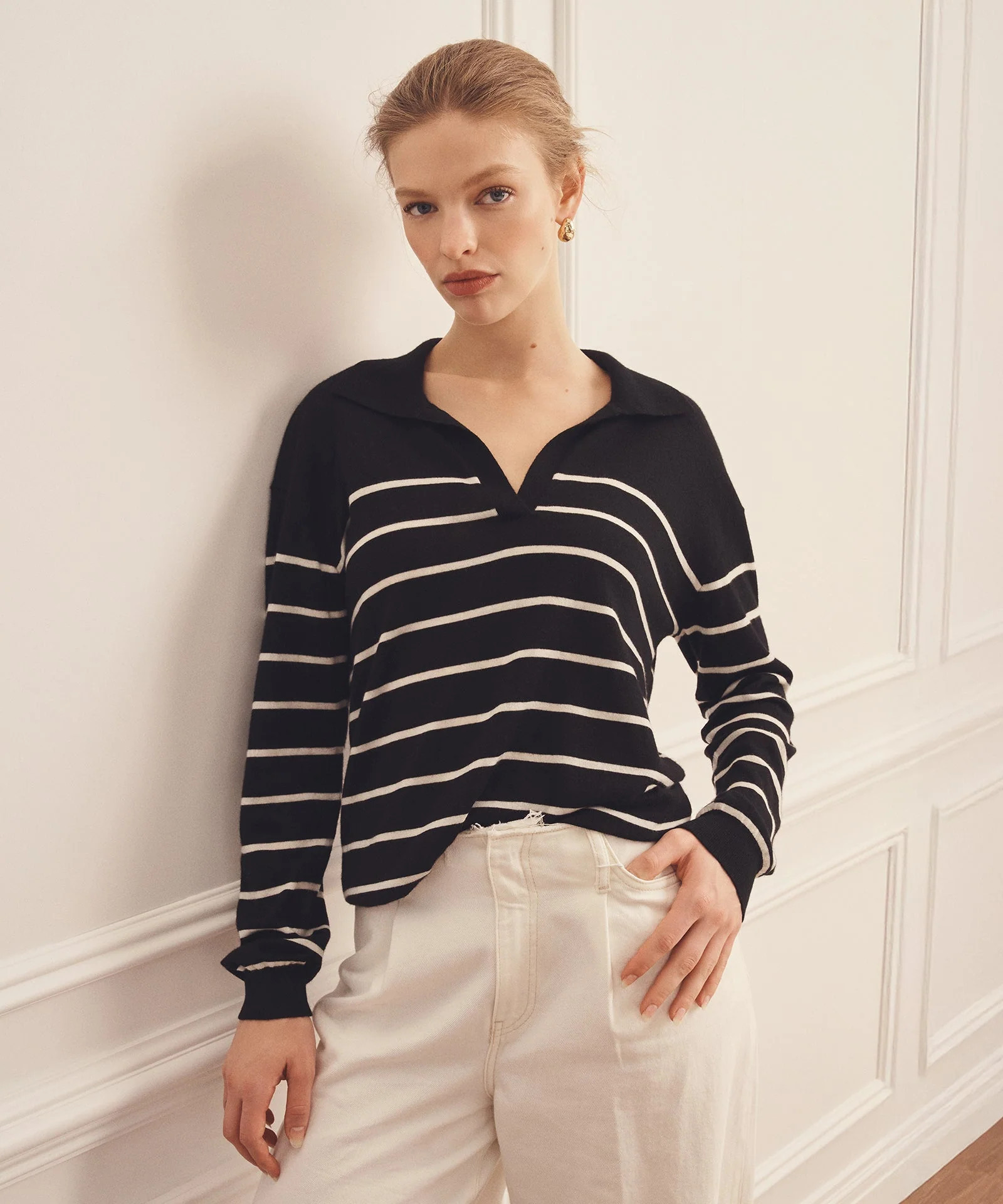 Super Fine Cashmere Long Sleeve Striped Polo | NAADAM