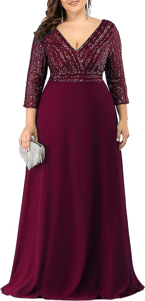 Ever-Pretty Women's Plus Size V-Neck Sparkle Evening Dresses with Long Sleeves 0751-PZ | Amazon (US)