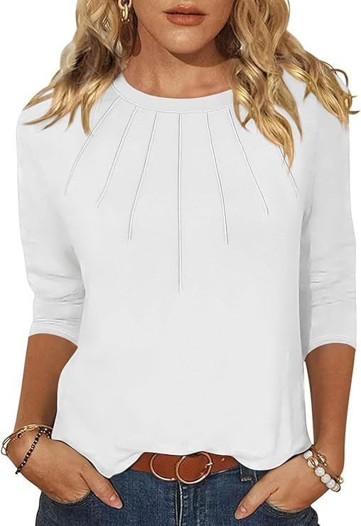 ANRABESS Women Dressy Casual Blouse 3/4 Long Sleeve T Shirts Pleated Round Neck Business Work Tun... | Amazon (US)
