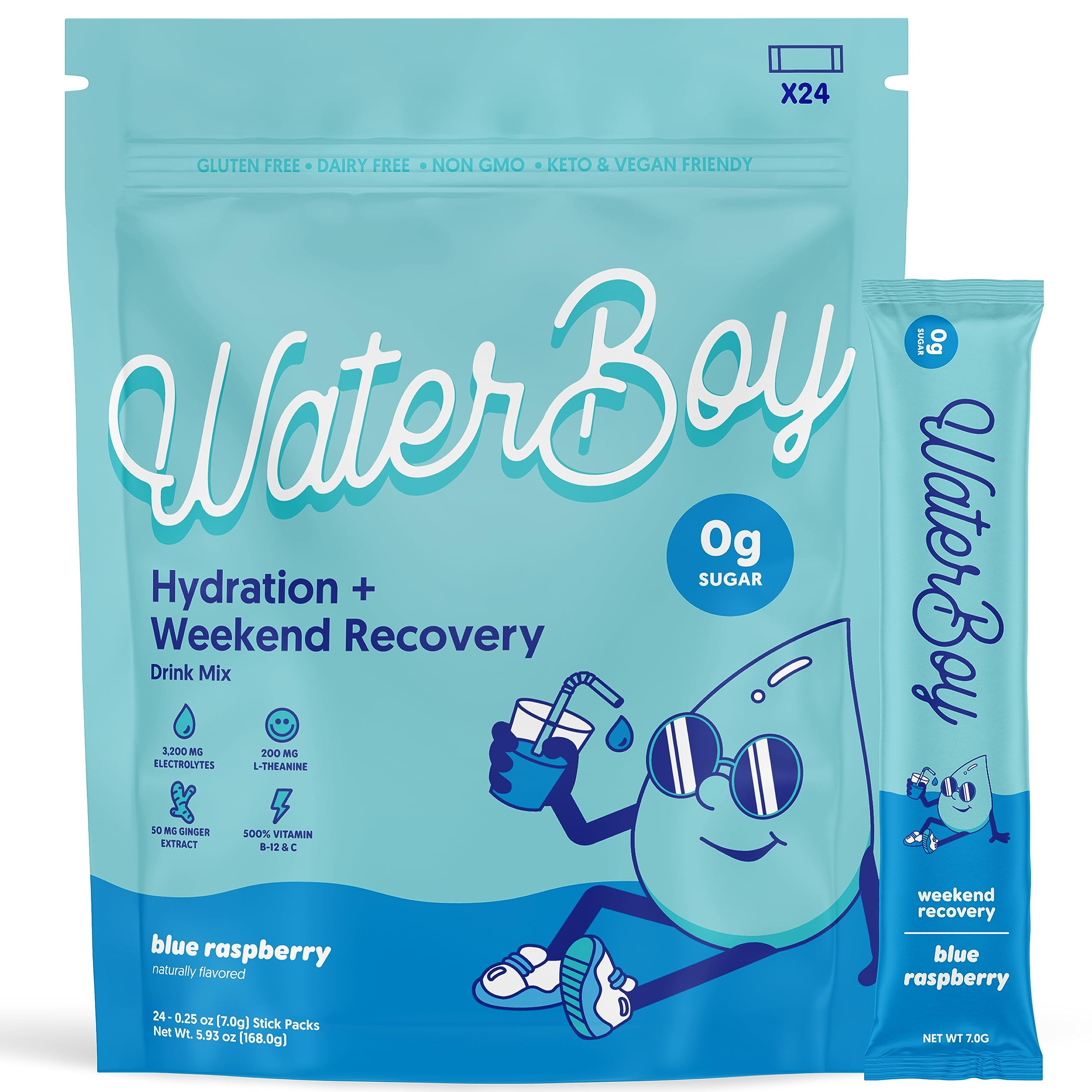Waterboy Weekend Recovery | 3,200mg Electrolyte Powder Packets | Ginger + L-Theanine + Vitamins |... | Amazon (US)