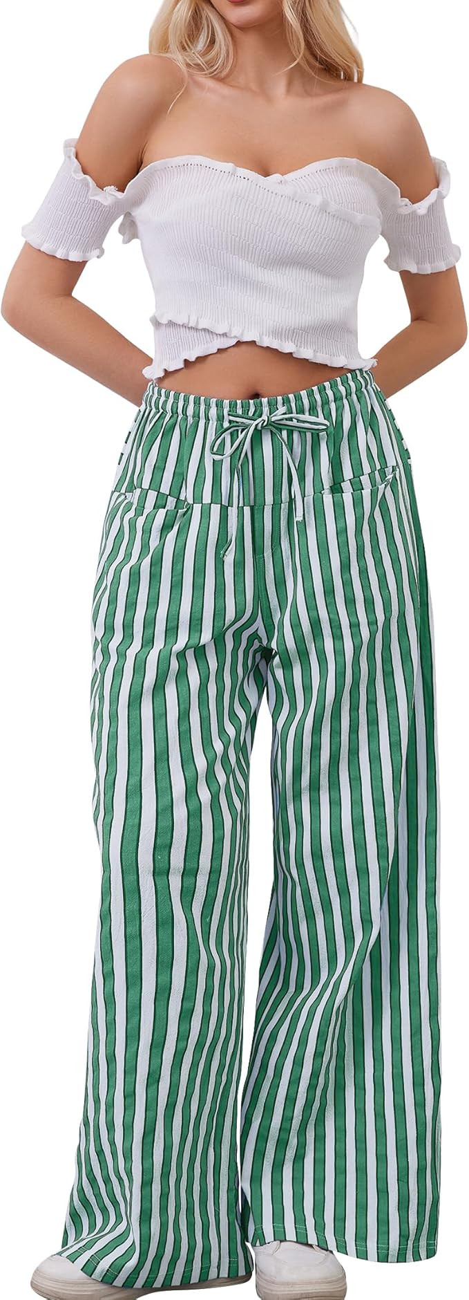 Women Drawstring Stripe Wide Leg Casual Trousers Striped Low Rise Casual Loose Lounge Pants with ... | Amazon (US)