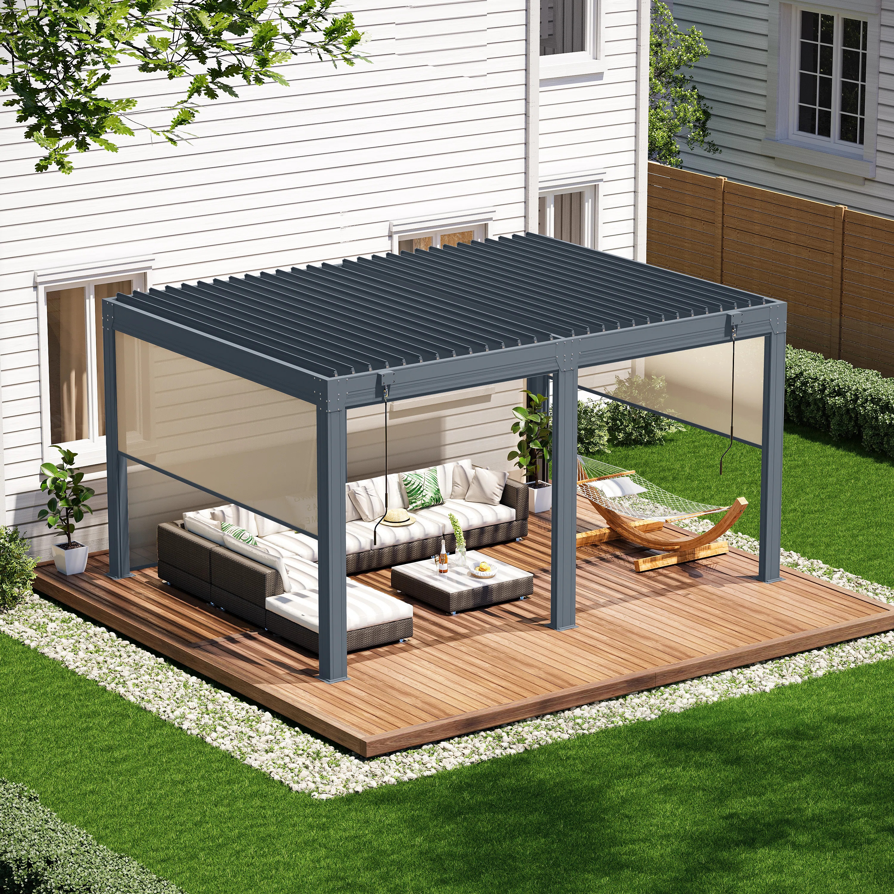 16 x 12 Ft Louvered Pergola with Pull-Down Screens, Aluminum Outdoor Gazebo with Adjustable Water... | Wayfair North America