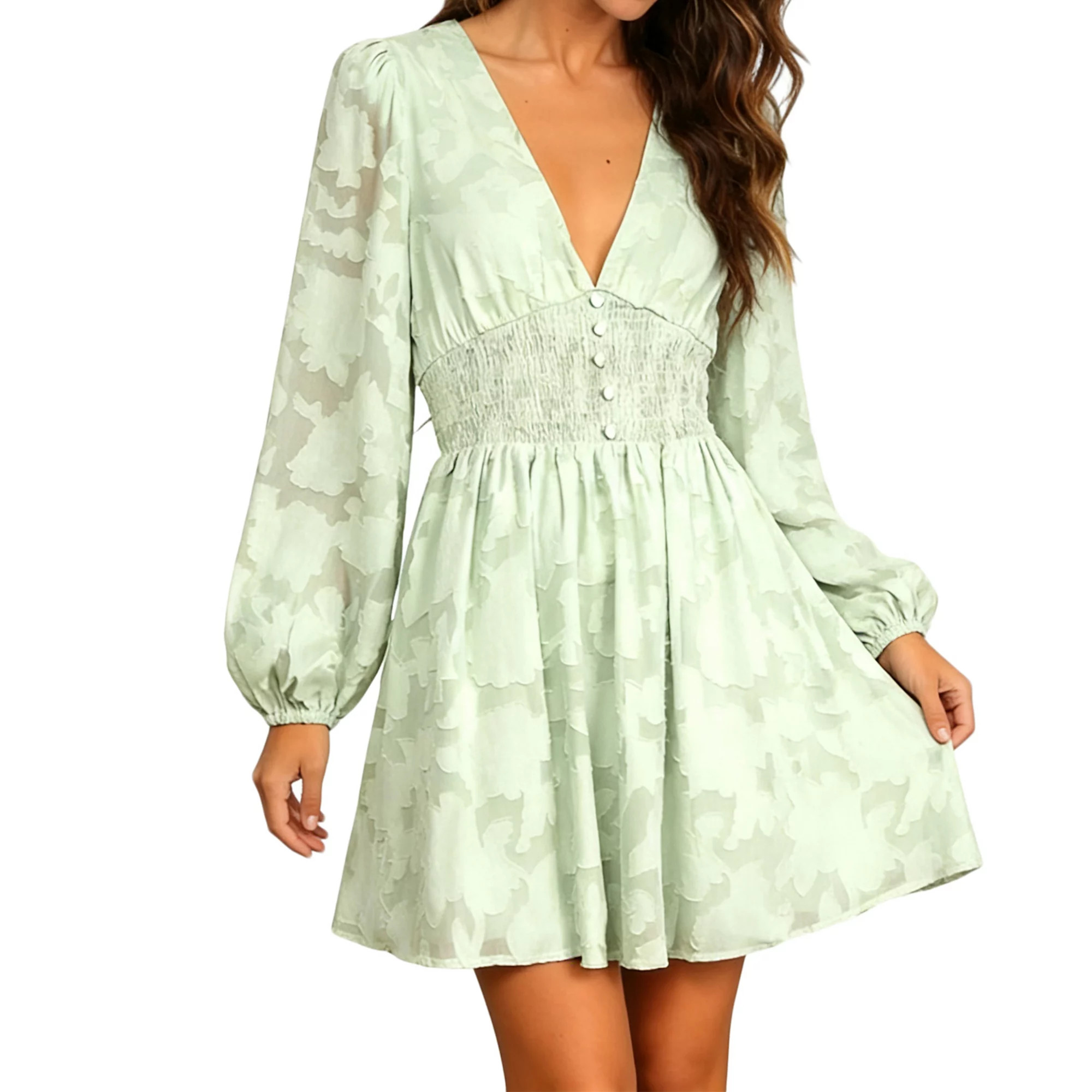 Women's Smocked Waist Long Sleeve Mini Dress - V-Neck Floral Chiffon Dress for Casual Evening Wea... | Kohl's