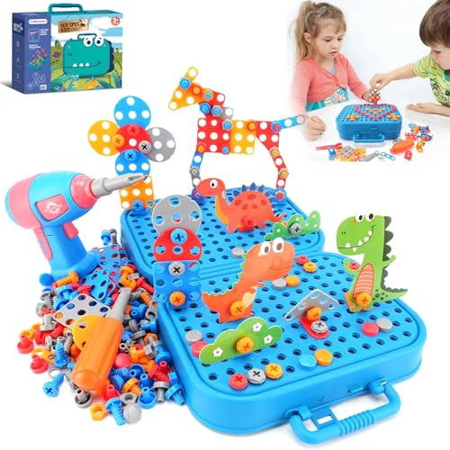 Fiveisix 298Pcs Dinosaur Toy Magic Montessori Play Toolbox for Kids, 2D/3D Creativity Tool Box with Drill, Design and Drill Montessori Stem Toys for 3 4 5 year, toddler tool set kids workbench playset | Amazon (US)