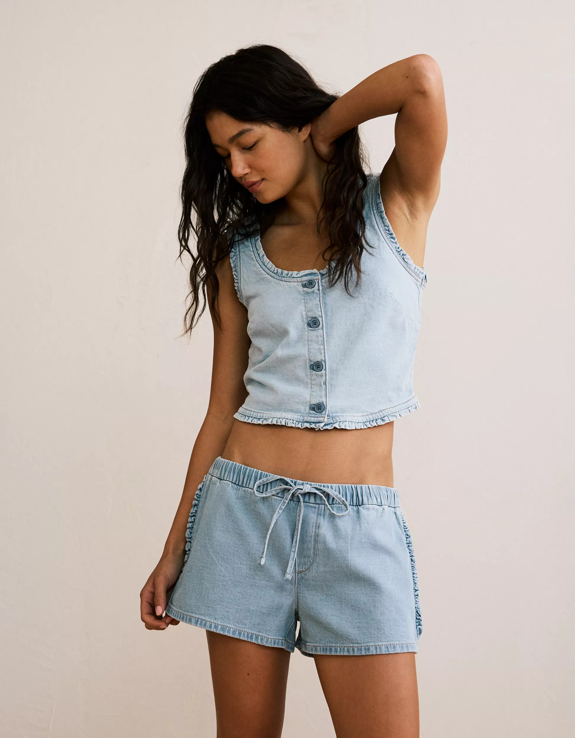 AE Stretch Low-Rise Ruffle Trim Chambray Short | American Eagle Outfitters (US & CA)