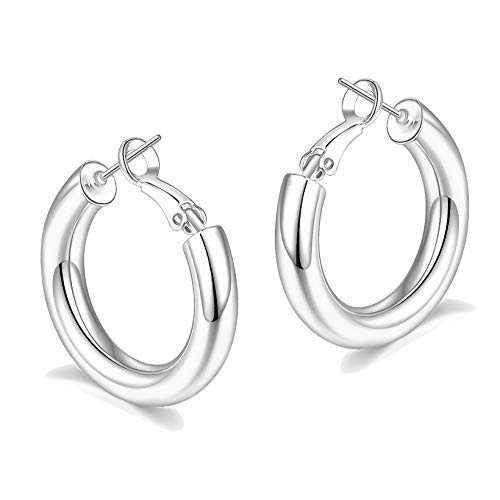 sovesi Chunky Silver Hoop Earrings for Women, 14k White Gold Plated Hoop Earrings with 925 Sterling Silver Post Chunky Silver Hoops for Women 30mm | Amazon (US)