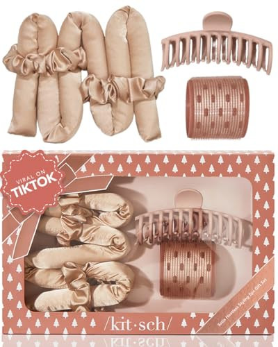 Kitsch Satin Heatless Hair Curler Styling 5pc Gift Set - Satin Heatless Hair Curler w/ 2 Scrunchies, Ceramic Thermal Roller & Claw Clip, Gifts for Women, Hair Roller Styling & Accessories- Champagne | Amazon (US)