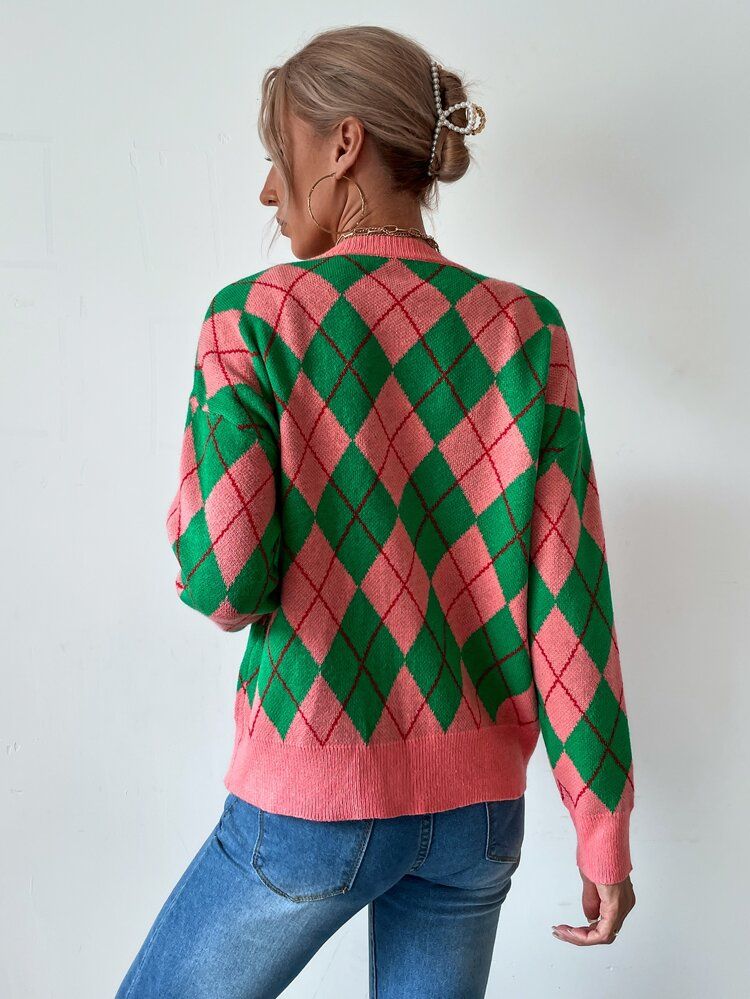 Argyle Pattern Button Up Drop Shoulder Cardigan | SHEIN