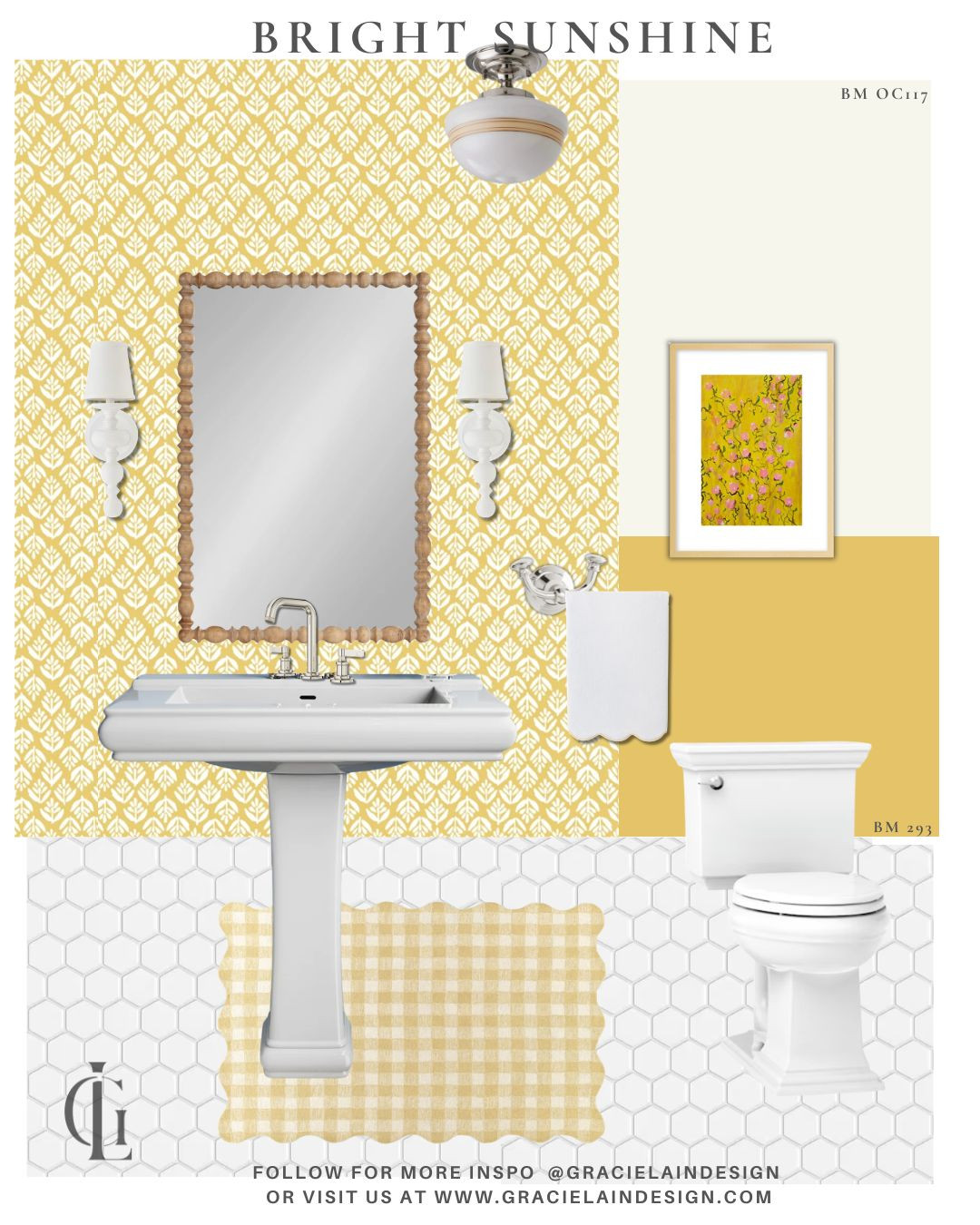 Sunshine, bottled. ☀️

This bright and happy powder room is proof that good design can lift your mood the second you walk in. From the cheerful block print yellow wallpaper to the light painted wood accents and polished nickel details, every layer was chosen to reflect warmth and joy. A sweet gingham rug grounds the space, while a playful pop of floral art adds just the right touch of charm.

Even on the gloomiest days, this little room glows. Because beautiful spaces don’t just look good—they feel good. And sometimes, that’s exactly the lift we need. 💛

Explore more feel-good spaces at gracielaindesign.com

#PowderRoomDesign #HappyInteriors #YellowDecor #BlockPrint #InteriorInspo #CheerfulHome #DesignDetails #WallpaperLove #SmallSpaceStyle #HomeJoy #GracielainDesign 

 #LTKHome #LTKSaleAlert