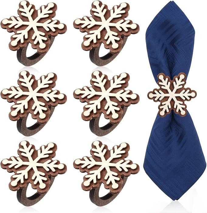 6 Pcs Wooden Christmas Napkin Rings 3D Snowflake Napkin Holders Walnut Wood Brown Handmade for Ho... | Amazon (US)