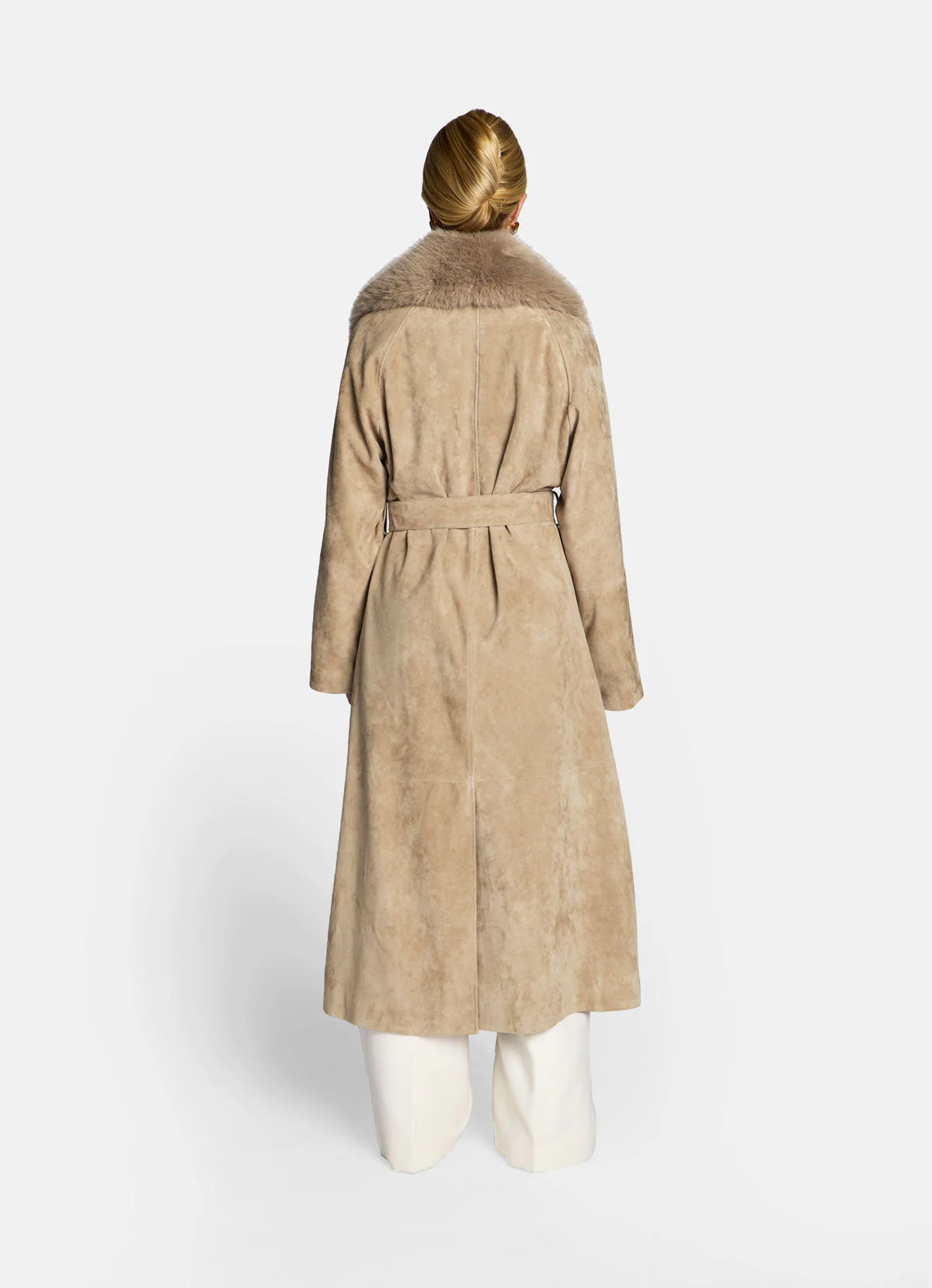 Sand Suede Wrap Coat With Faux Fur Trim | DE SAVARY LONDON