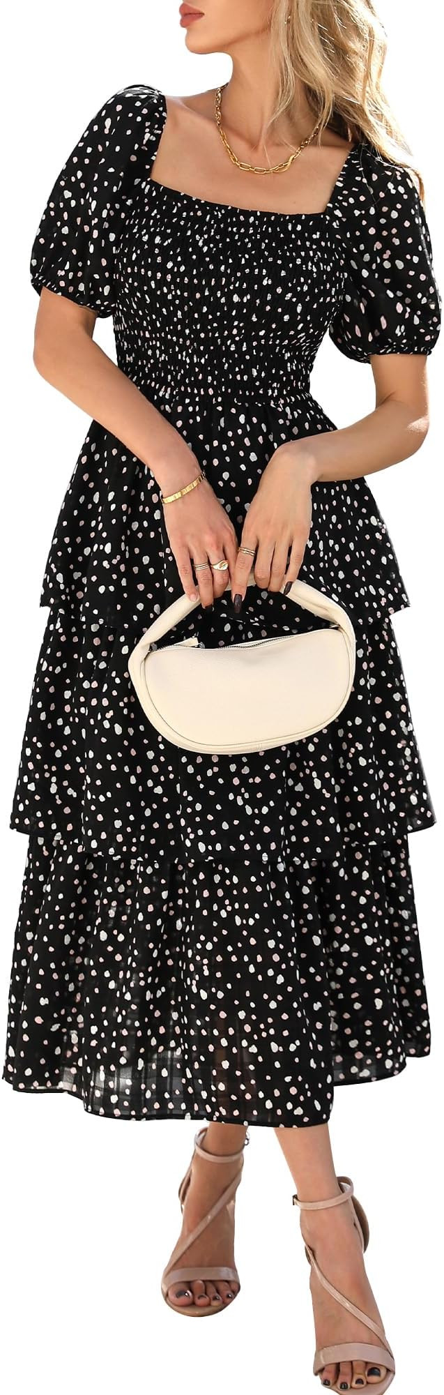 BTFBM Womens Square Neck Smocked Dress Summer Puff Short Sleeve Floral Casual Ruffle Tiered Maxi ... | Amazon (US)