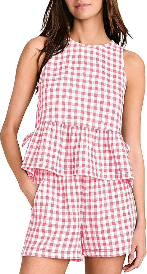 2 Piece Set for Women Casual Gingham Plaid Sleeveless Tank Tops Elastic Waist Shorts Lounge Match... | Amazon (US)