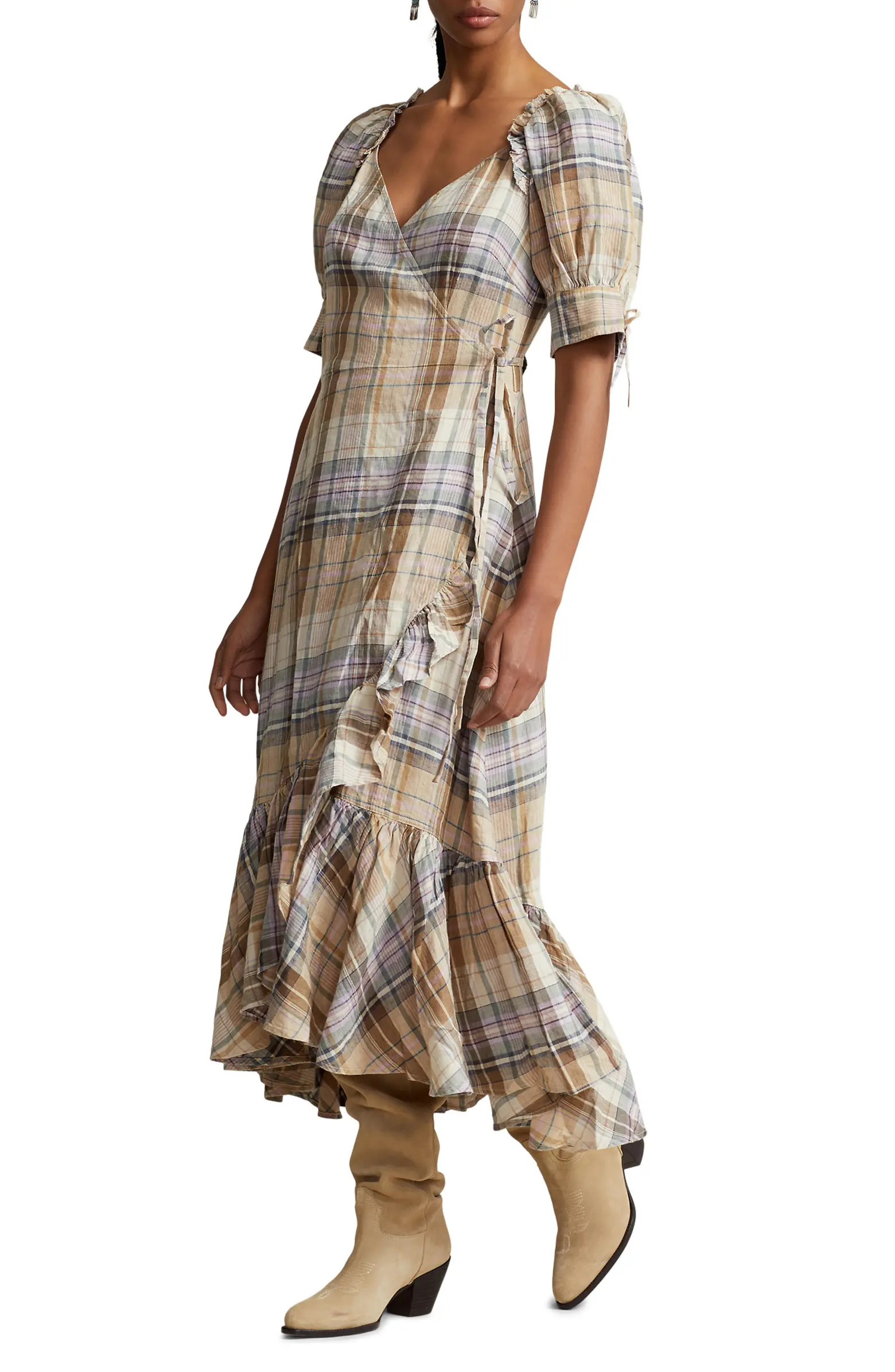 Plaid Puff Sleeve Linen Wrap Dress | Nordstrom Rack