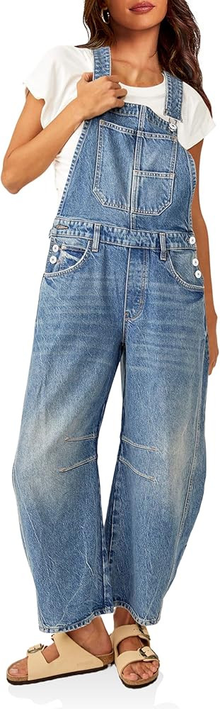 PLNOTME Womens Denim Bib Overalls Barrel Leg Adjustable Strap Jean Pants Jumpsuits with Pockets,J... | Amazon (US)