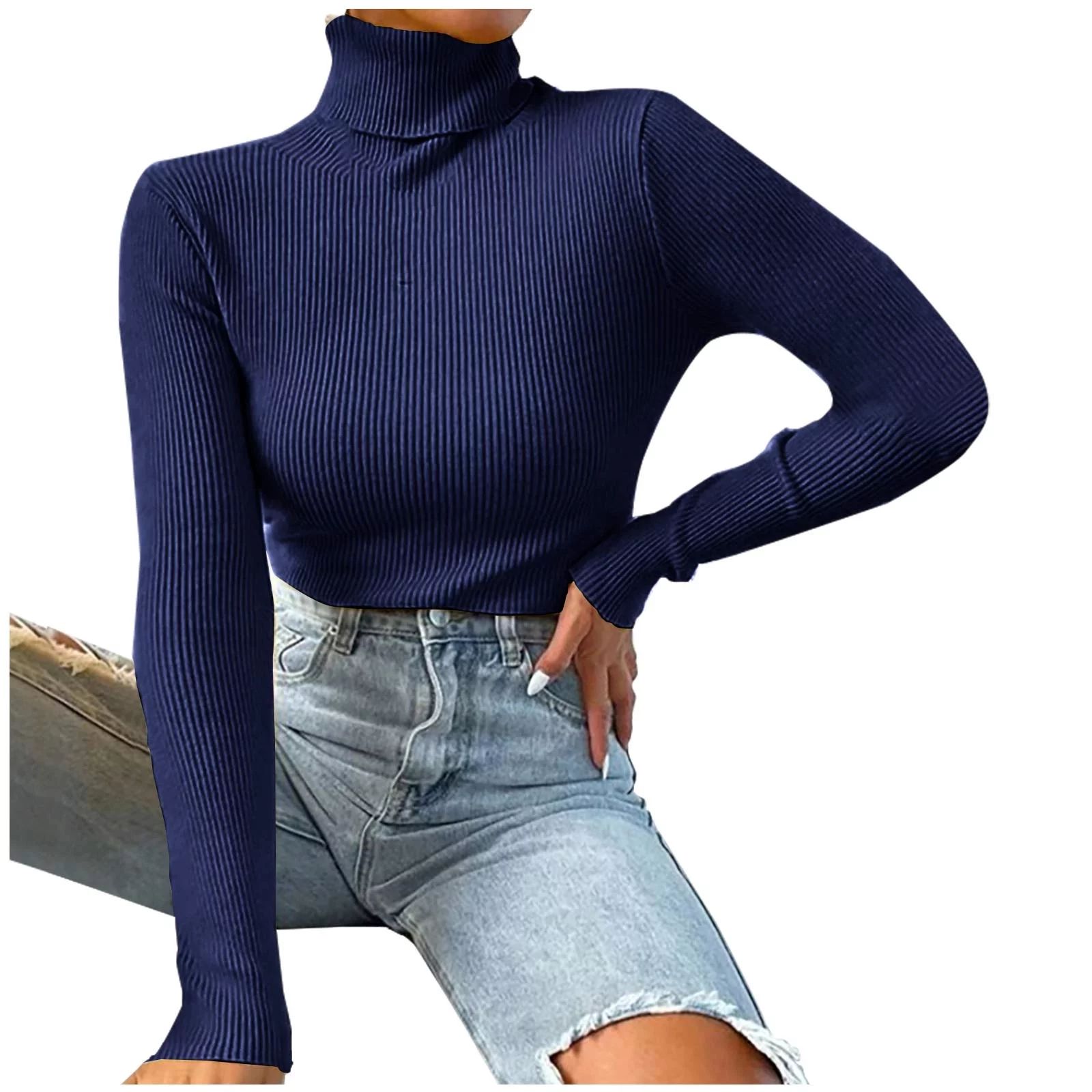 NARABB Women's Pullover Long Sleeve Knit Sweater Solid Pullove Turtleneck-Neck Sweater Tops Navy-... | Walmart (US)