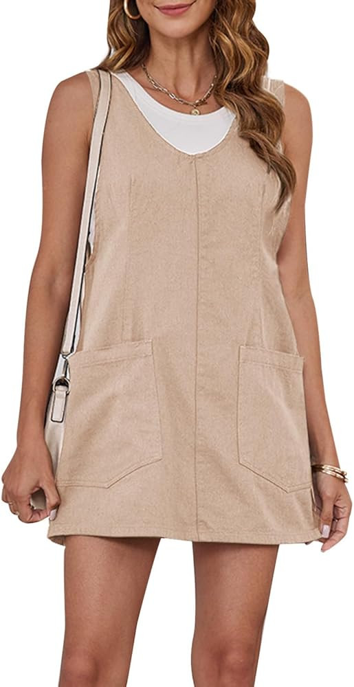Womens High Roller Skirtall Overalls Loose Casual Sleeveless Denim Pinafore Mini Dress Jumper wit... | Amazon (US)