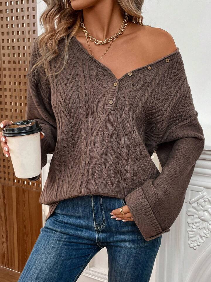 SHEIN LUNE Cable Knit Drop Shoulder Sweater | SHEIN