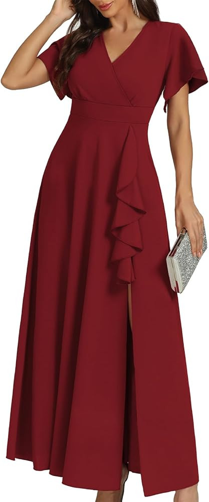 Women's Black Long Formal Dresses Cocktail Wedding Guest Dress Ruffle Split Elegant V Neck Party ... | Amazon (US)