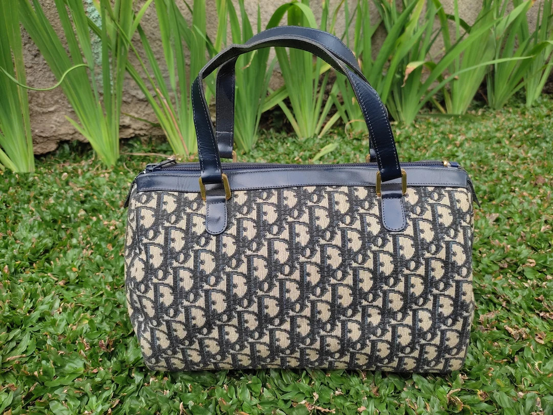 Vintage 1970 Christian Dior Blue Oblique Canvas Boston Bag Top Handle Bag Women Bag | Etsy (US)