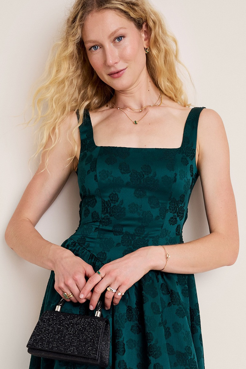 Maren Basque Waist Jacquard Midi Dress | Francesca's